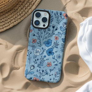 Pink on sky blue aesthetic flower phone case cover for iPhone 8 X XR XS 11 12 13 14 15 Pro Max, Samsung Galaxy S24 S23 S22, Google Pixel