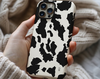 Black and white cow print aesthetic phone case cover for iPhone 8 X XR XS 11 12 13 14 15 Pro Max, Samsung Galaxy S24 S23 S22, Google Pixel