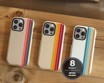 May include: Three smartphone cases featuring vertical stripes in various color palettes. The left case has pink, red, and dark blue stripes. The middle case has yellow, orange, and red stripes. The right case has blue and orange stripes with text 8 designs glossy version.