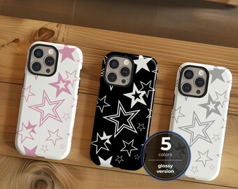 Y2K stars glossy aesthetic cute trendy phone case for iPhone 16 15 14 13 12 11 Pro Max X XR XS 8 Samsung S25 S24 S23 S22 S21 Google Pixel