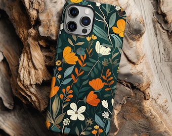 Orange and green botany aesthetic flower phone case for iPhone 8 X XR XS 11 12 13 14 15 Pro Max, Samsung Galaxy S24 S23 S22, Google Pixel