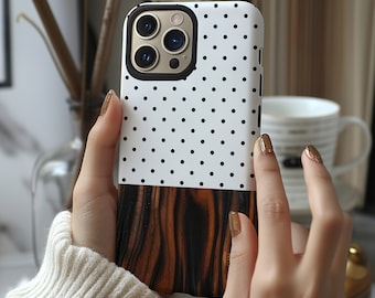 Dot pattern and ebony boho wood print phone case cover for iPhone 8 X XR XS 11 12 13 14 15 Pro Max, Samsung Galaxy S24 S23 S22, Google Pixel