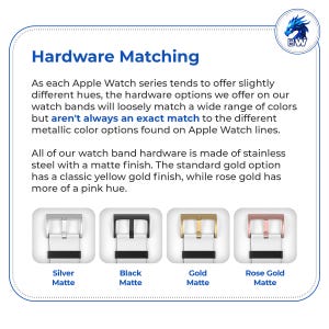 The image is a collection of four different watch bands, each with a unique color and finish, showcasing the hardware options available for Apple Watch series.