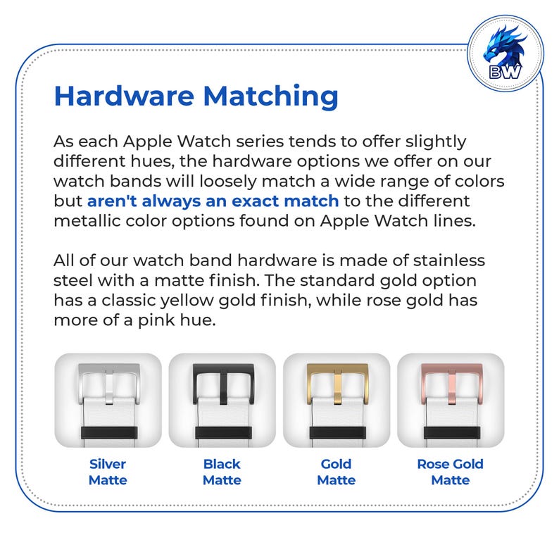 The image is a collection of four different watch bands, each with a unique color and finish, showcasing the hardware options available for Apple Watch series.