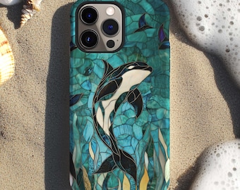 Majestic orca stained glass aesthetic whale phone case for iPhone 17 16 15 14 13 12 11 Pro Max X XR Galaxy S26 S25 S24 S23 S22 Google Pixel