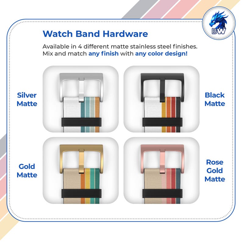 a collection of four different strap finishes available in the Watch Band Hardware, including Silver, Black, Gold, and Rose Gold matte finishes.