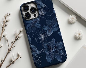 Navy blue floral aesthetic phone case cover for iPhone 17 16 15 14 13 12 11 Pro Max X XR XS Samsung S26 S25 S24 S23 S22 Google Pixel