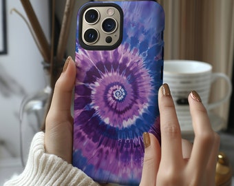 Blue and purple groovy spiral tie dye phone case cover for iPhone 8 X XR XS 11 12 13 14 15 Pro Max, Samsung Galaxy S24 S23 S22, Google Pixel
