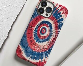 Red white and blue psychedelic tie dye phone case for iPhone 8 X XR XS 11 12 13 14 15 Pro Max, Samsung Galaxy S24 S23 S22, Google Pixel