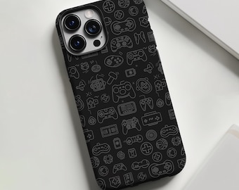Black controllers and handhelds video game phone case for iPhone 8 X XR XS 11 12 13 14 15 Pro Max, Samsung Galaxy S24 S23 S22, Google Pixel