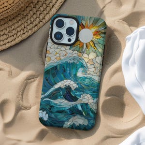 Ocean waves and sun stained glass mosaic phone case for iPhone 16 15 14 13 12 11 Pro Max X XR XS 8 Samsung S21 S22 S23 S24 S25 Google Pixel