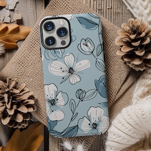 Cute white on sky blue aesthetic flower phone case for iPhone 15 14 13 12 11 Pro Max X XR XS 8, Samsung S20 S21 S22 S23 S24, Google Pixel