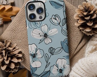 Cute white on sky blue aesthetic flower phone case for iPhone 15 14 13 12 11 Pro Max X XR XS 8, Samsung S20 S21 S22 S23 S24, Google Pixel