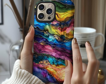 Gold veined rainbow marble ink swirl phone case cover for iPhone 17 16 15 14 13 12 11 Pro Max X XR Samsung S26 S25 S24 S23 S22 Google Pixel