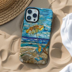 Beach margarita stained glass aesthetic phone case for iPhone 8 X XR XS 11 12 13 14 15 16 Pro Max, Samsung Galaxy S24 S23 S22, Google Pixel