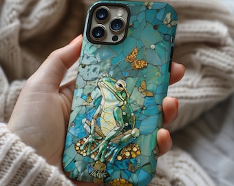 Frog on toadstool stained glass mosaic phone case for iPhone 15 14 13 12 11 Pro Max X XR XS 8, Samsung S20 S21 S22 S23 S24, Google Pixel