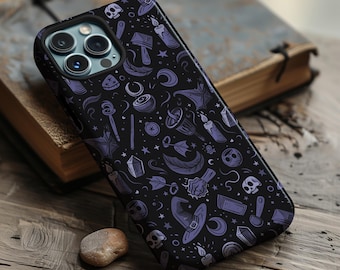 Purple on black witchy pattern aesthetic phone case for iPhone 17 16 15 14 13 12 11 Pro Max X XR XS Samsung S26 S25 S24 S23 S22 Google Pixel