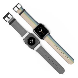 two smartwatches with different strap designs, one with a gray strap and the other with a striped beige and blue strap.
