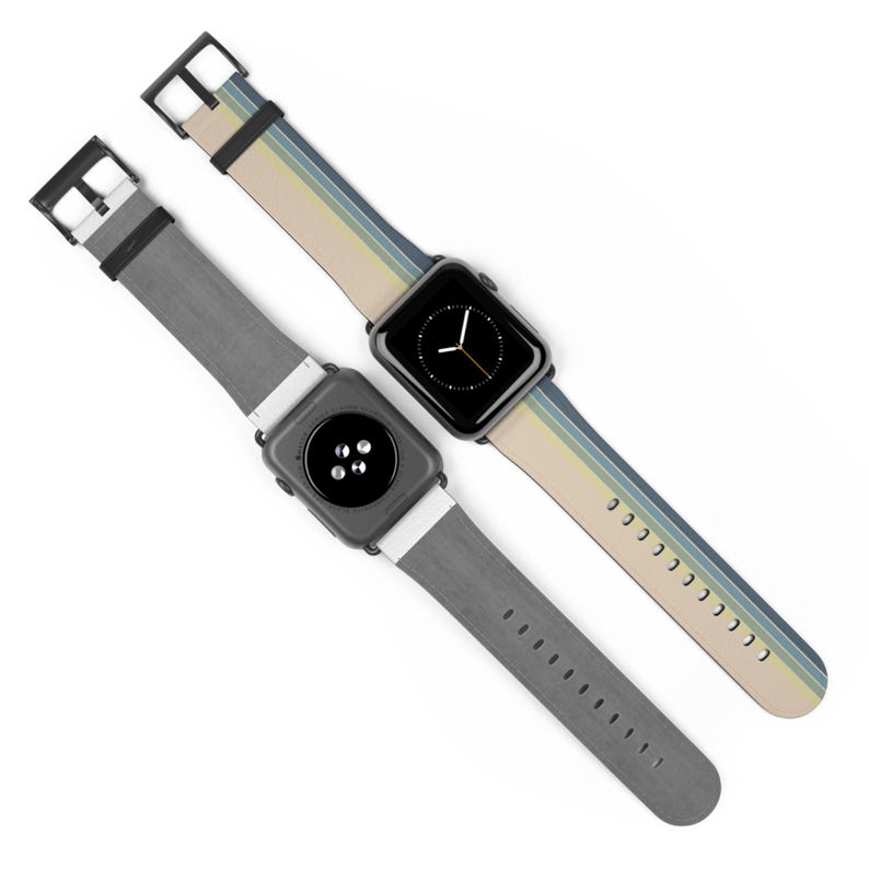 two smartwatches with different strap designs, one with a gray strap and the other with a striped beige and blue strap.