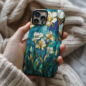 Garden flower stained glass aesthetic phone case for iPhone 8 X XR XS 11 12 13 14 15 Pro Max, Samsung Galaxy S24 S23 S22, Google Pixel