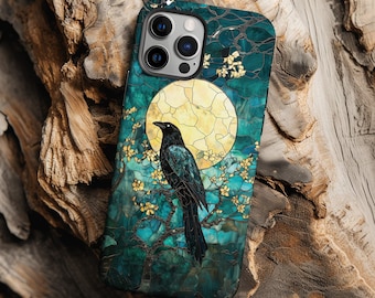 Black crow and moon stained glass mosaic phone case for iPhone 17 16 15 14 13 12 11 Pro Max X XR XS Samsung S26 S25 S24 S23 S22 Google Pixel
