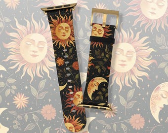 Sun and moon leaf pattern celestial star Apple Watch band Series 3 4 5 6 7 8 9 10 SE 38mm 40mm 41mm 42mm 44mm 45mm vegan faux leather strap