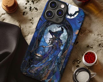 Nocturnal witch stained glass Halloween phone case for iPhone 16 15 14 13 12 11 Pro Max X XR XS 8, Samsung S25 S24 S23 S22 S21, Google Pixel