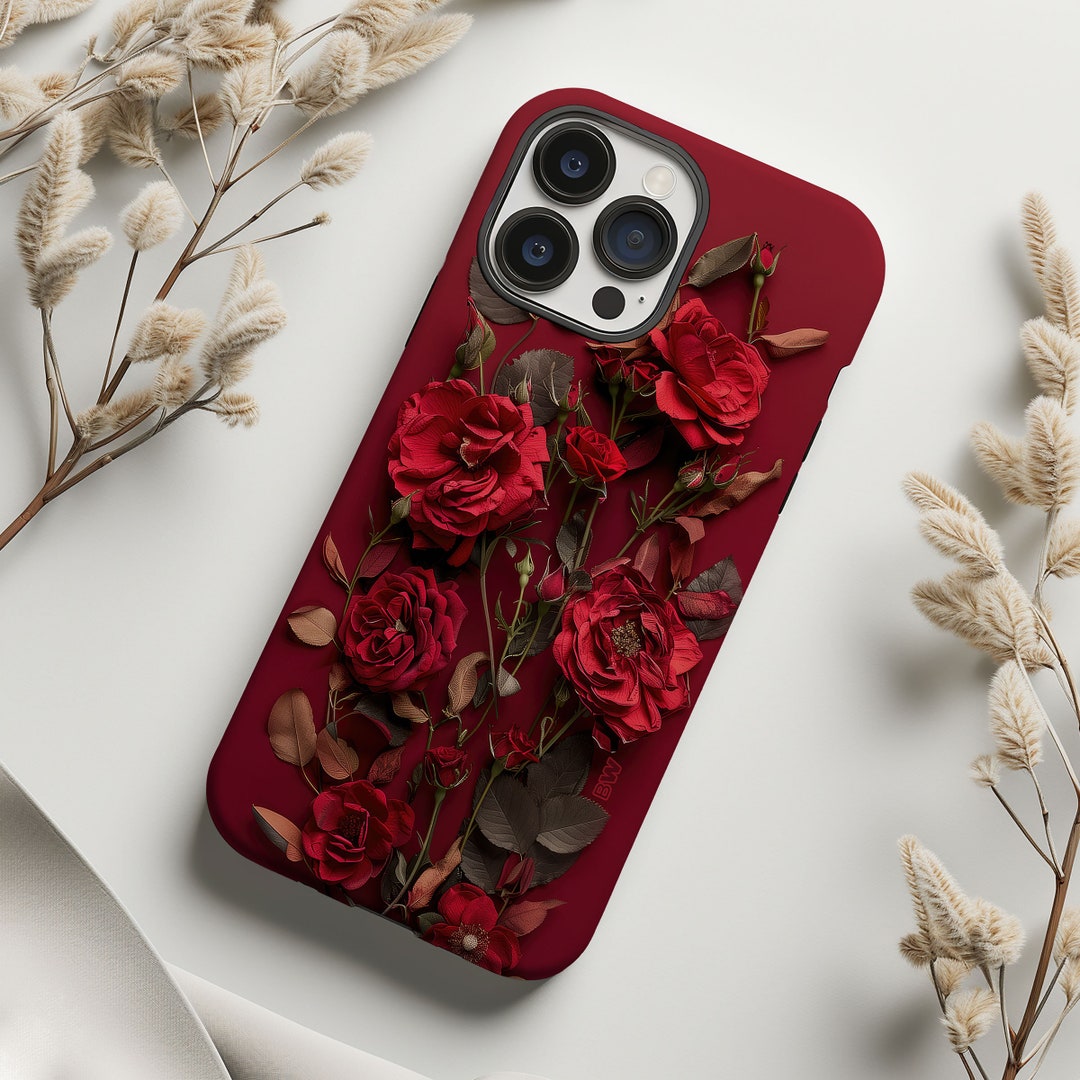 Red Roses on Red Pressed Flower Print Phone Case for iPhone 15 14 13 12 ...