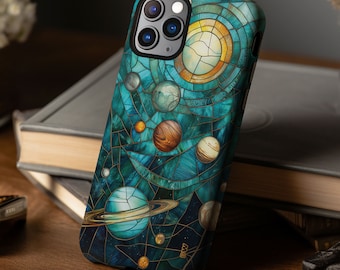 May include: A blue and green phone case with a mosaic design of planets and stars. The case has a camera cutout and a logo on the bottom.
