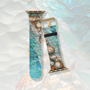 Beach seashells stained glass aesthetic Apple Watch band Series 3 4 5 6 7 8 9 10 SE 38mm 40mm 41mm 42mm 44mm 45mm vegan faux leather strap