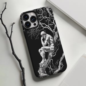 Thinker statue on black gothic aesthetic phone case for iPhone 15 14 13 12 11 Pro Max X XR XS 8, Samsung Galaxy S24 S23 S22, Google Pixel