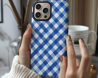 Blue gingham phone case preppy plaid watercolor cover for iPhone 16 15 14 13 12 11 Pro Max X XR XS 8 Samsung S25 S24 S23 S22 Google Pixel
