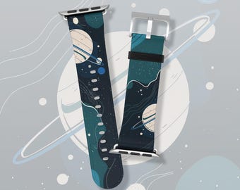 White planet on turquoise space and stars Apple Watch band Series 3 4 5 6 7 8 9 10 11 38mm 40mm 41mm 42mm 44mm 45mm vegan faux leather strap