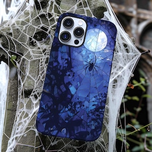 Moonlit spider and web spooky Halloween phone cover for iPhone 16 15 14 13 12 11 Pro Max X XR XS 8 Samsung S20 S21 S22 S23 S24 Google Pixel