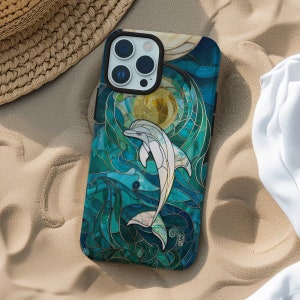 Dolphin phone case stained glass mosaic phone cover for iPhone 15 14 13 12 11 Pro Max X XR XS 8, Samsung Galaxy S24 S23 S22, Google Pixel