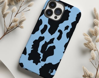 Black and blue cow print aesthetic phone case cover for iPhone 8 X XR XS 11 12 13 14 15 Pro Max, Samsung Galaxy S24 S23 S22, Google Pixel