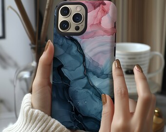 Metallic blue and pink marble paint swirl phone case for iPhone 15 14 13 12 11 Pro Max X XR XS 8, Samsung Galaxy S24 S23 S22, Google Pixel