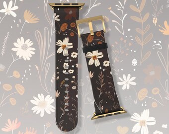 Pretty autumn wildflower aesthetic floral Apple Watch band Series 3 4 5 6 7 8 9 10 11 38mm 40mm 41mm 42mm 44mm 45mm vegan faux leather strap