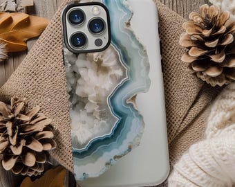 Frosty pale blue agate slice geode phone case cover for iPhone 15 14 13 12 11 Pro Max X XR XS 8, Samsung Galaxy S24 S23 S22, Google Pixel