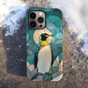 Cute penguin stained glass mosaic aesthetic phone case for iPhone 8 X XR XS 11 12 13 14 15 Pro Max, Samsung Galaxy S24 S23 S22, Google Pixel