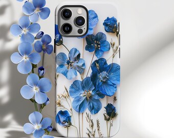 Aesthetic blue pressed flower print phone case cover for iPhone 15 14 13 12 11 Pro Max X XR XS 8, Samsung Galaxy S24 S23 S22, Google Pixel