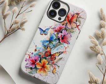Watercolor splash butterfly and flower phone case for iPhone 16 15 14 13 12 11 Pro Max X XR XS 8 Galaxy S25 S24 S23 S22 S21 S20 Google Pixel