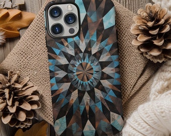 Light blue and brown geometric quilt print phone case for iPhone 15 14 13 12 11 Pro Max X XR XS 8, Samsung Galaxy S24 S23 S22, Google Pixel