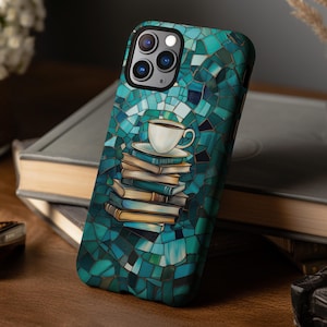 Books and coffee cup stained glass bookish phone case for iPhone 16 15 14 13 12 11 Pro Max X XR XS 8 Samsung S25 S24 S23 S22 Google Pixel