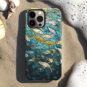 Tropical fish school stained glass mosaic phone case for iPhone 8 X XR XS 11 12 13 14 15 Pro Max, Samsung Galaxy S24 S23 S22, Google Pixel