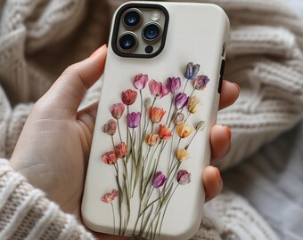 Pretty wild tulip pressed flower print phone case for iPhone 17 16 15 14 13 12 11 Pro Max X XR XS 8 Samsung S26 S25 S24 S23 S22 Google Pixel