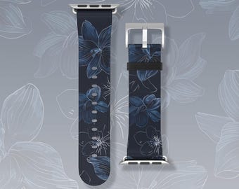 Navy blue floral aesthetic Apple Watch band Series 3 4 5 6 7 8 9 10 11 40mm 41mm 42mm 44mm 45mm vegan faux leather watch strap for women