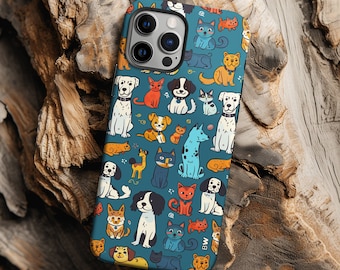 Colorful dog and cat pattern cute dog lover phone case cover for iPhone 15 14 13 12 11 Pro Max X XR XS Samsung S21 S22 S23 S24 Google Pixel