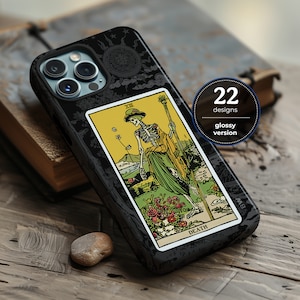 Medieval glossy gray aesthetic tarot card phone case for iPhone 16 15 14 13 12 11 Pro Max X XR XS 8 Samsung S20 S21 S22 S23 S24 Google Pixel