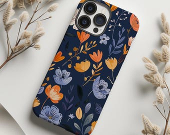 Orange and blue boho aesthetic floral phone case cover for iPhone 8 X XR XS 11 12 13 14 15 16 Pro Max Samsung S25 S24 S23 S22 Google Pixel
